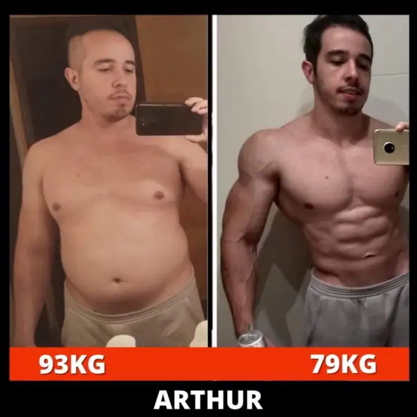 Antes e depois de Arthur com definição muscular e redução de peso.