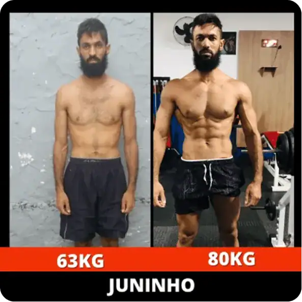 Antes e depois de transformação corporal com foco no V-Shape masculino.