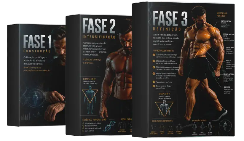 Imagem de livros explicando as fases do treinamento V-Shape para definição muscular.