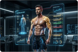 Homem com corpo musculoso e definição, tecnologia de análise corporal.