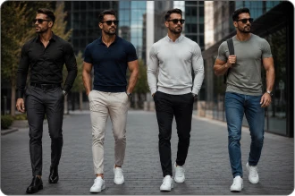 Homens modernos caminhando na cidade com roupas casuais.