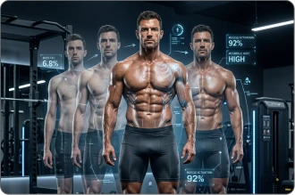 Homens com corpo em forma de V, treino de musculação e fitness.