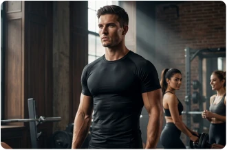 Homem em academia com corpo em forma, foco no treino de musculação.