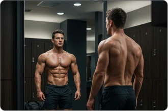 Homem com corpo em forma de V, foco na musculatura dorsal e abdominal.